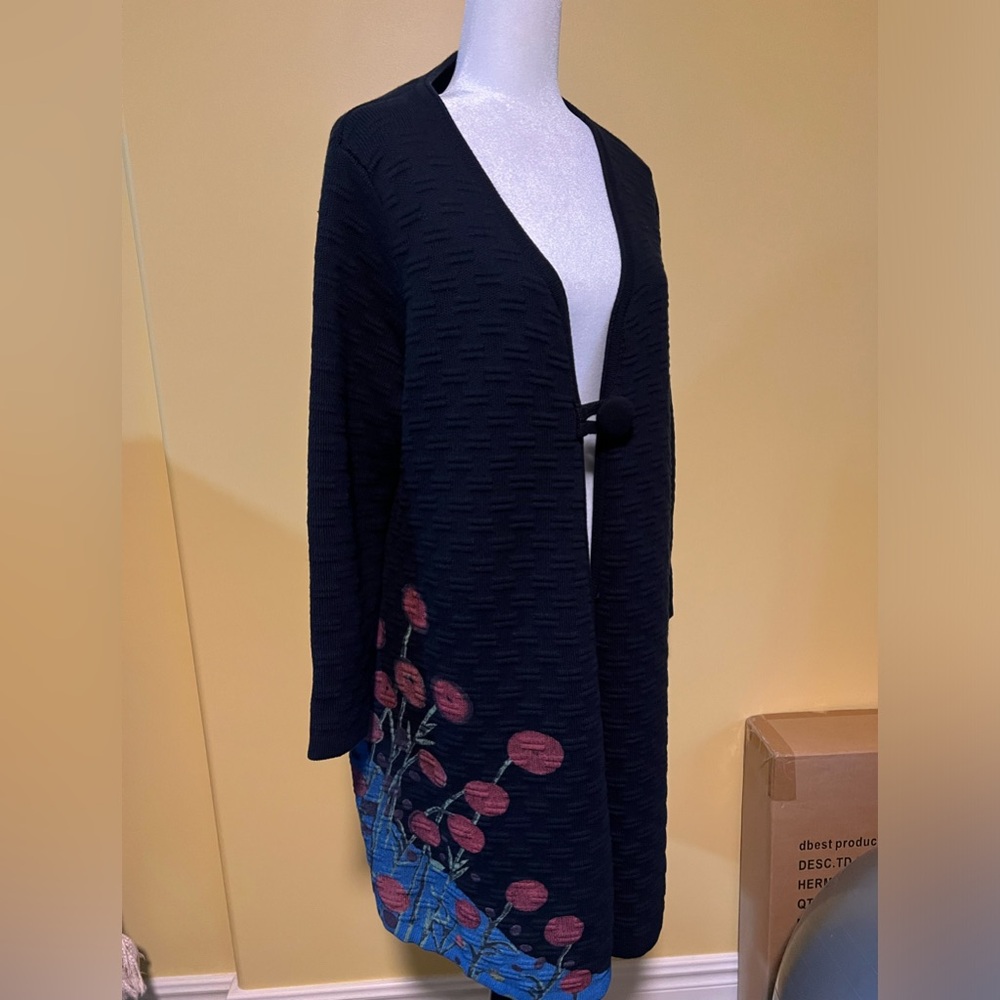 Donna White Coats Single Button Floral Hand Painted Knit Duster Cardigan-M